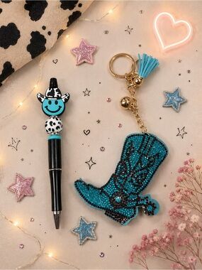 Handmade Beaded pen smileyCowboy with Boot Keychain with Tassel